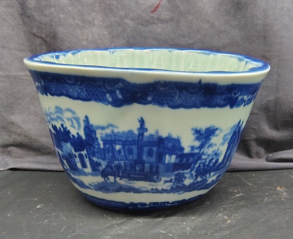 Antique English Ironstone Flow Blue Oval Interior Scalloped Mold